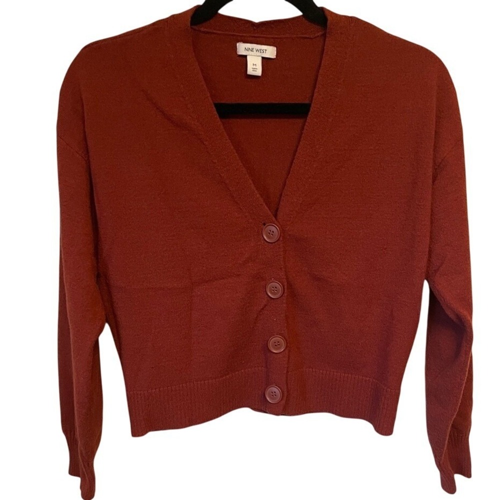 Nine West Rust Red‎ V-Neck Button Front Cropped Cardigan Sweater Size Medium